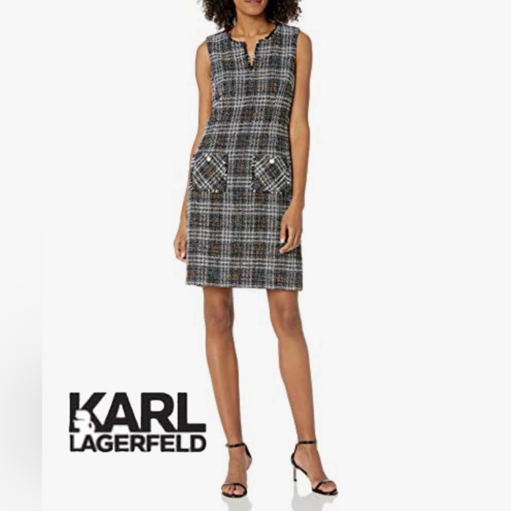 Karl Lagerfeld Designer Tweed Preppy Style Dress With Pearl Pockets Size 6 NWOT